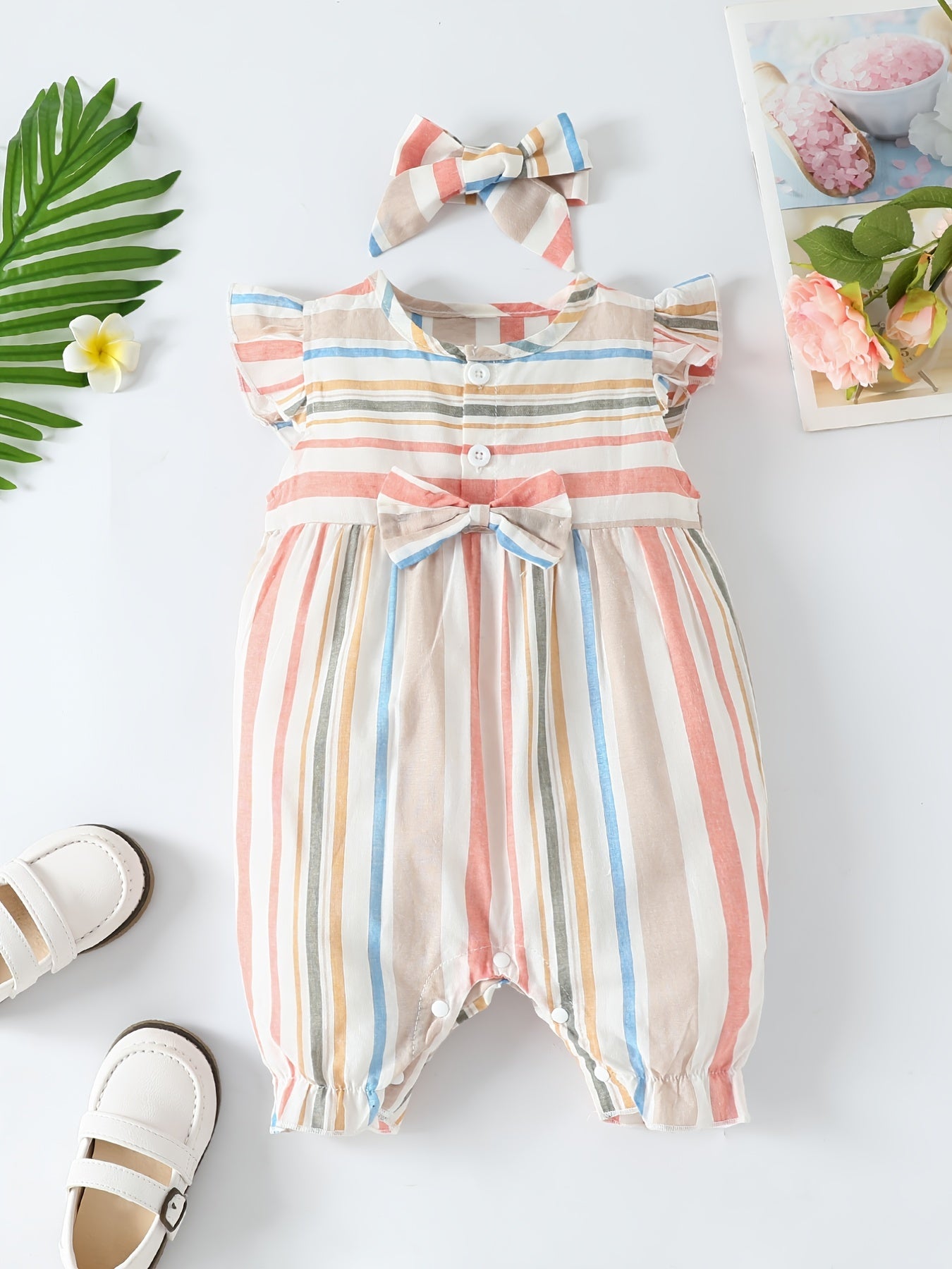 Baby Girl'S Casual Striped Romper with Bow Detail - Sleeveless Ruffled Hem, Mid-Length, Non-Stretch Fabric, Perfect for Spring/Fall, Baby Girl Outfit, Spring Baby Wear, Playful Babywear, Easy Care Clothing, for Outdoor