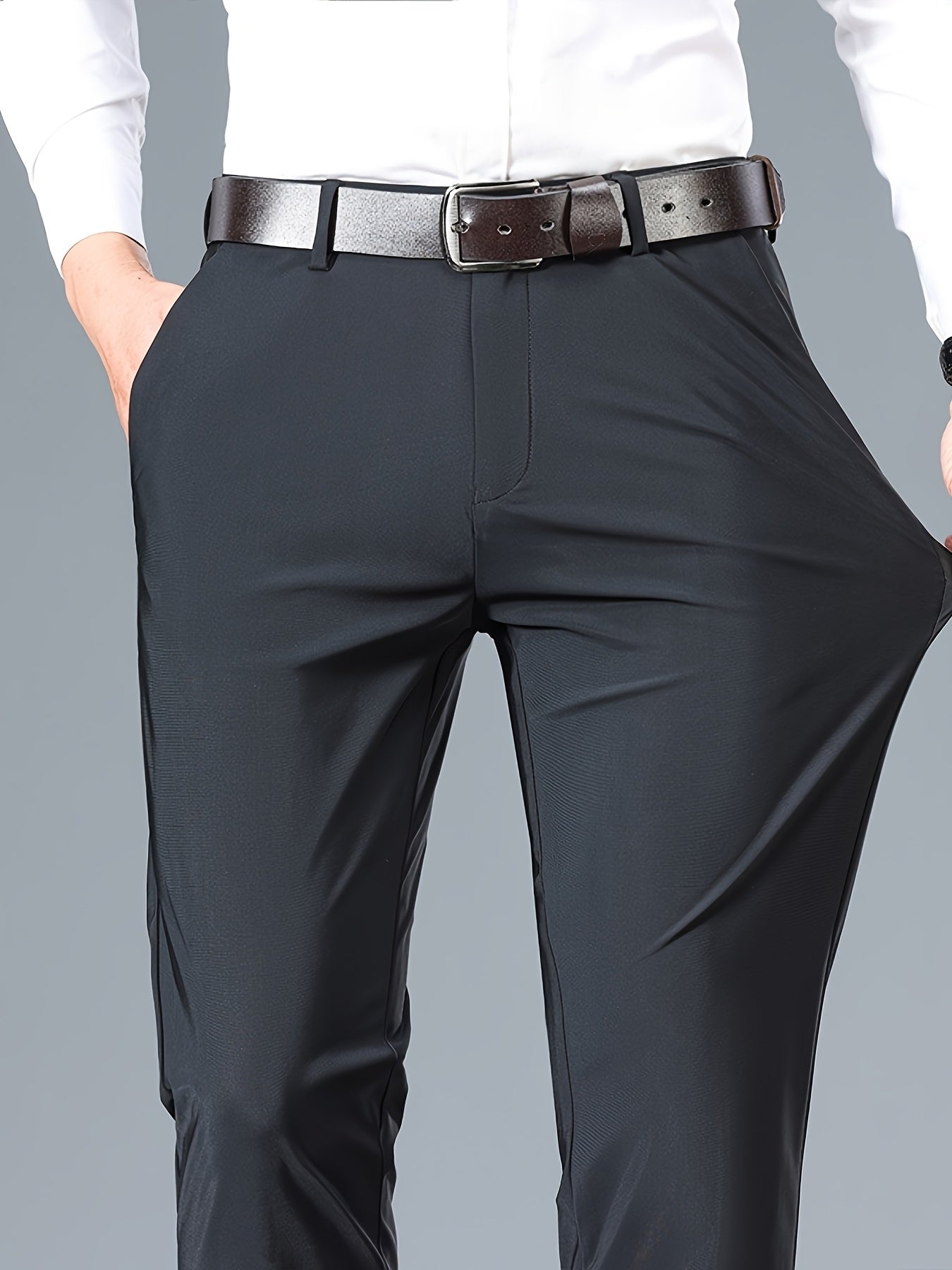 2025 New Men'S High-Elasticity Ice Sliky Fiber Fabric Dress Pants - Smooth Touch, Breathable & Stretchy, Mid-Rise Regular Fit with Button Details for Office & Casual Wear, All-Season Comfort, Office Attire, Sleek Appearance, Durable Material
