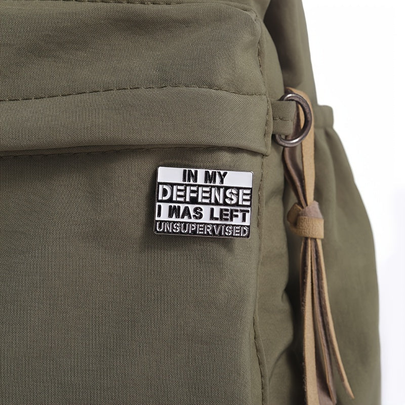 1pc Creative English geometric brand enamel brooch "in my defense, i was left unsupervised" pins with lapel badge, black and white cartoon jewelry for and friends