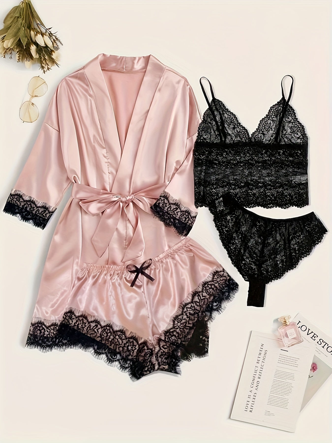 Elegant Satin Contrast Lace Lounge Set, Three Quarter Sleeve Robe With Belt & Cami Bra & Panty & Elastic Shorts, Women's Loungewear