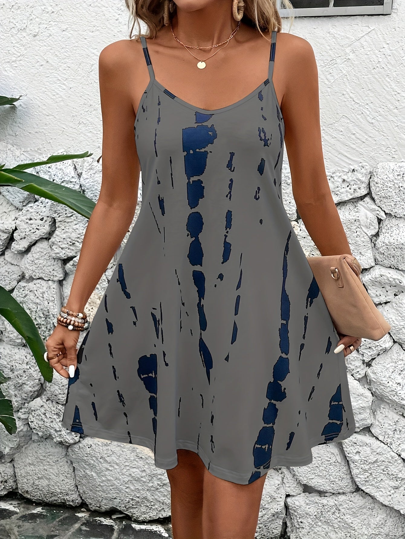 Red Printed Knit Fabric Casual Dress for Women with Spaghetti Straps