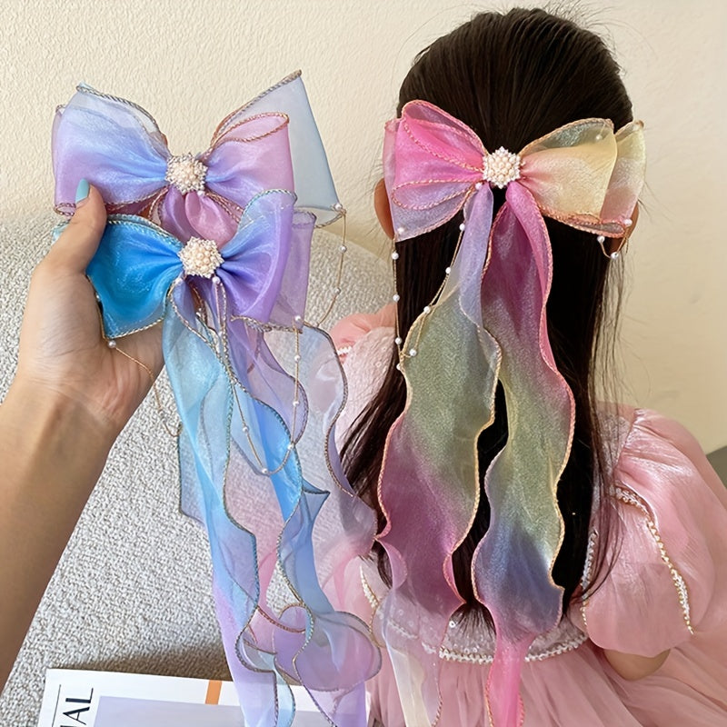 Fantasy Mermaid Princess Hair Ribbon Clip with Butterfly Bow, Gradient Lace Texture, Pearl Tassel Hair Accessory for Long Hair, Beaded Mesh Hairpin for Prom, Trendy Ponytail Streamer Clip