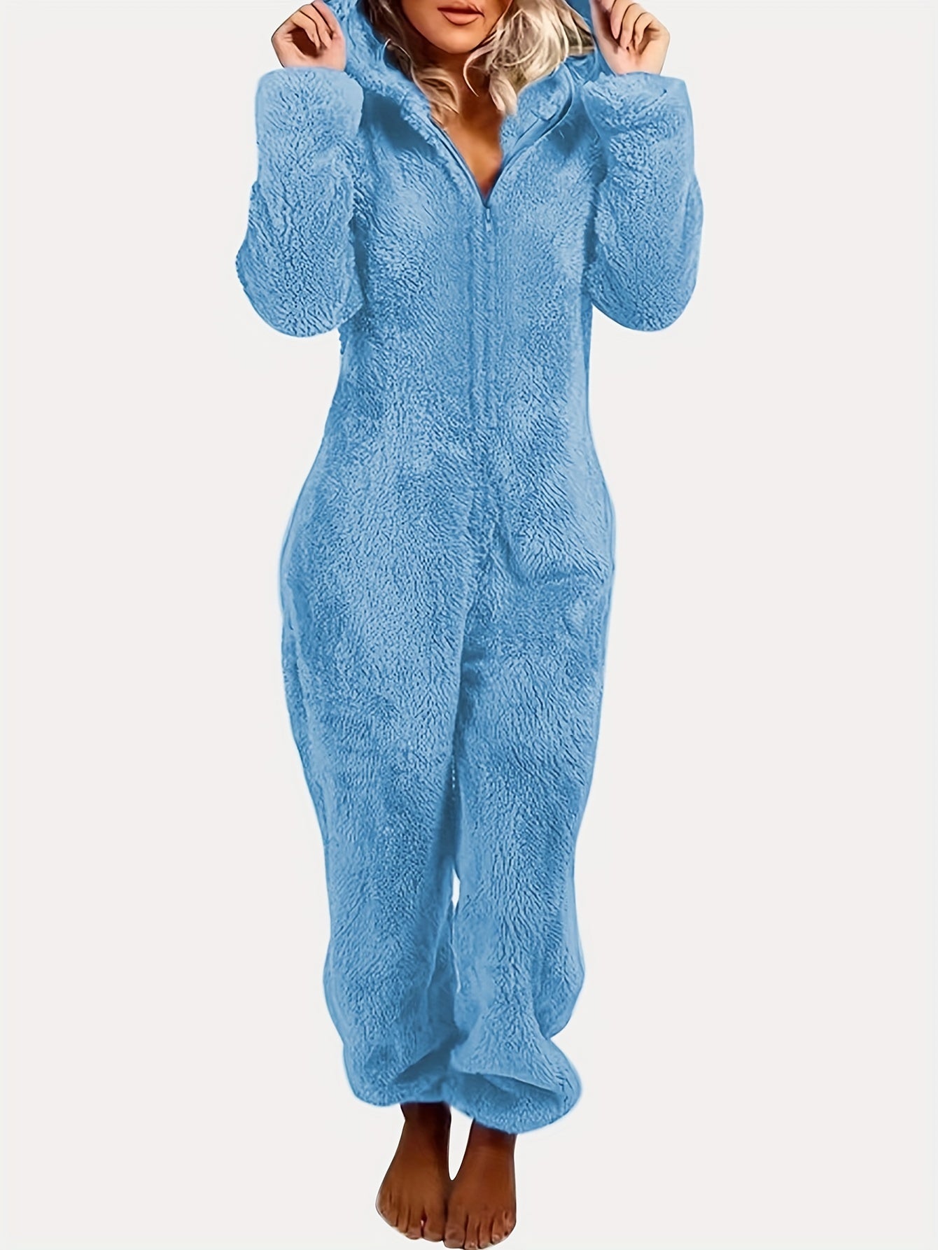 Fuzzy Hooded Pajama Jumpsuit For Music Festival, Comfy & Cute Long Sleeve Zipper Pajamas, Women's Lingerie & Sleepwear
