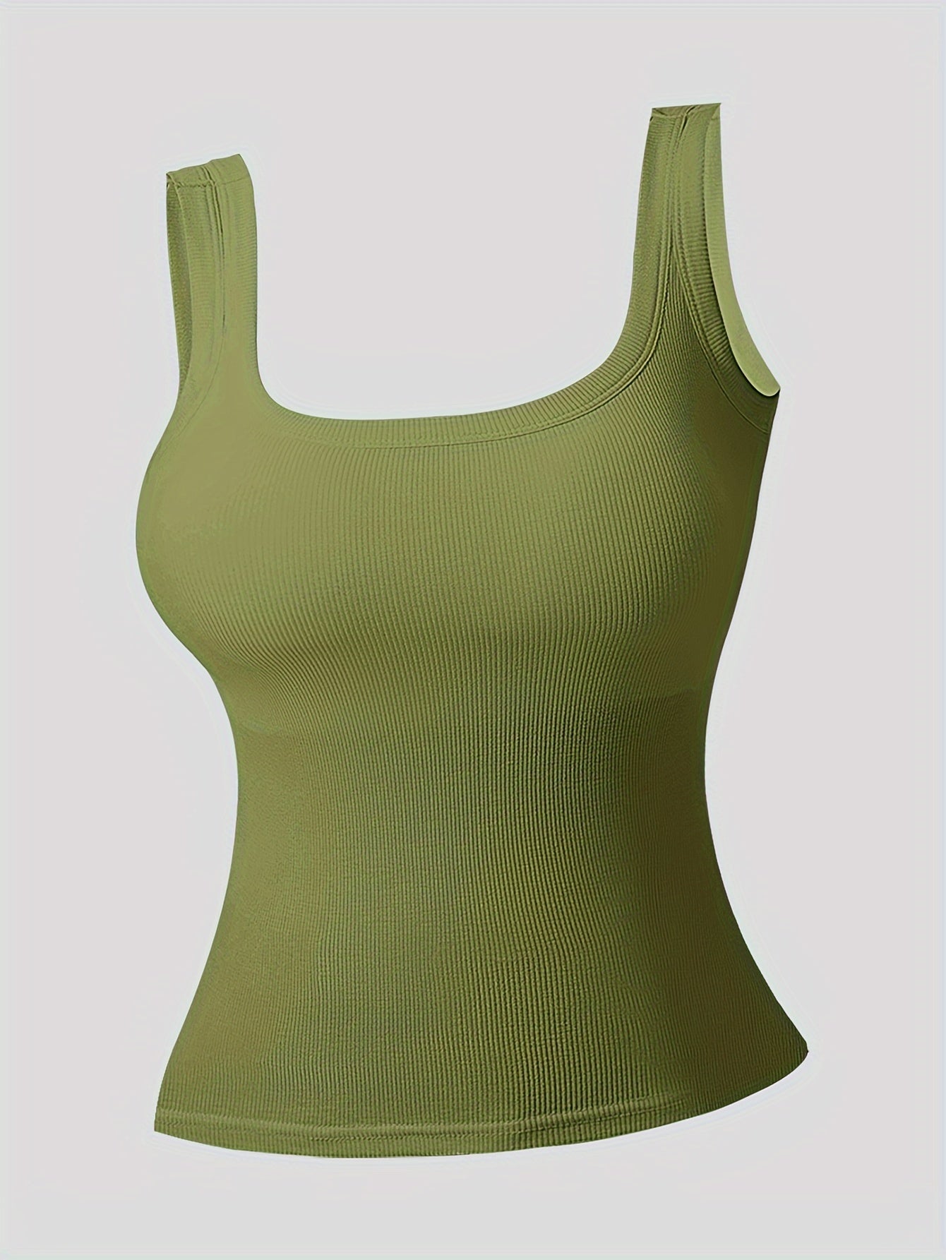 Simple Solid Square Neck Tank Top, All-match Ribbed Vest Top With Removable Chest Pad, Women's Lingerie & Underwear