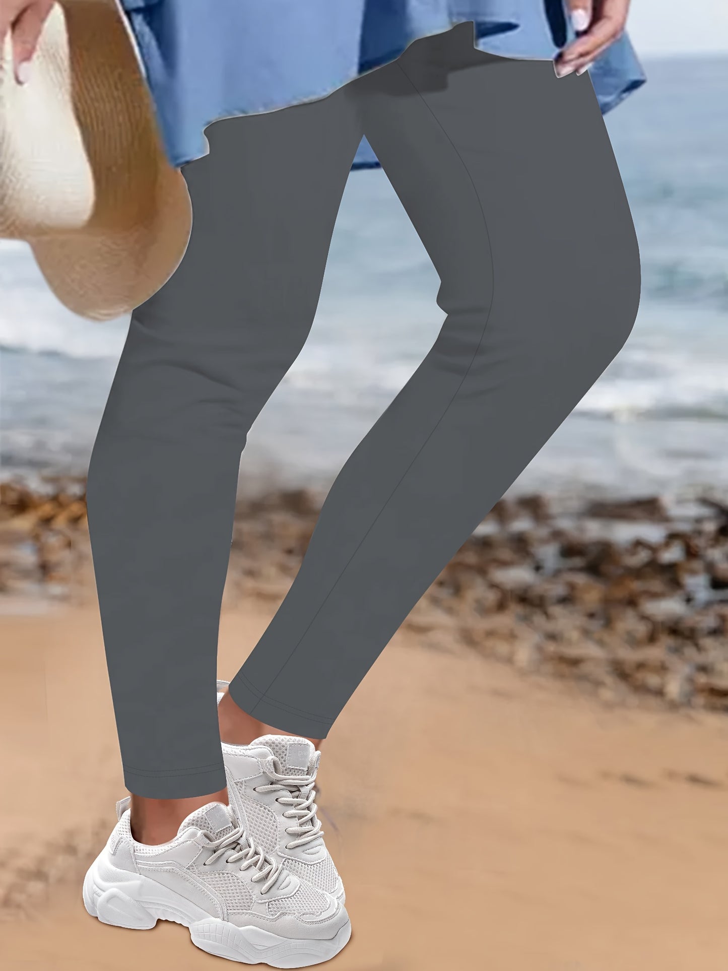 Plus Size Casual Pants, Women's Plus Solid Elastic High Rise High Stretch Skinny Trousers