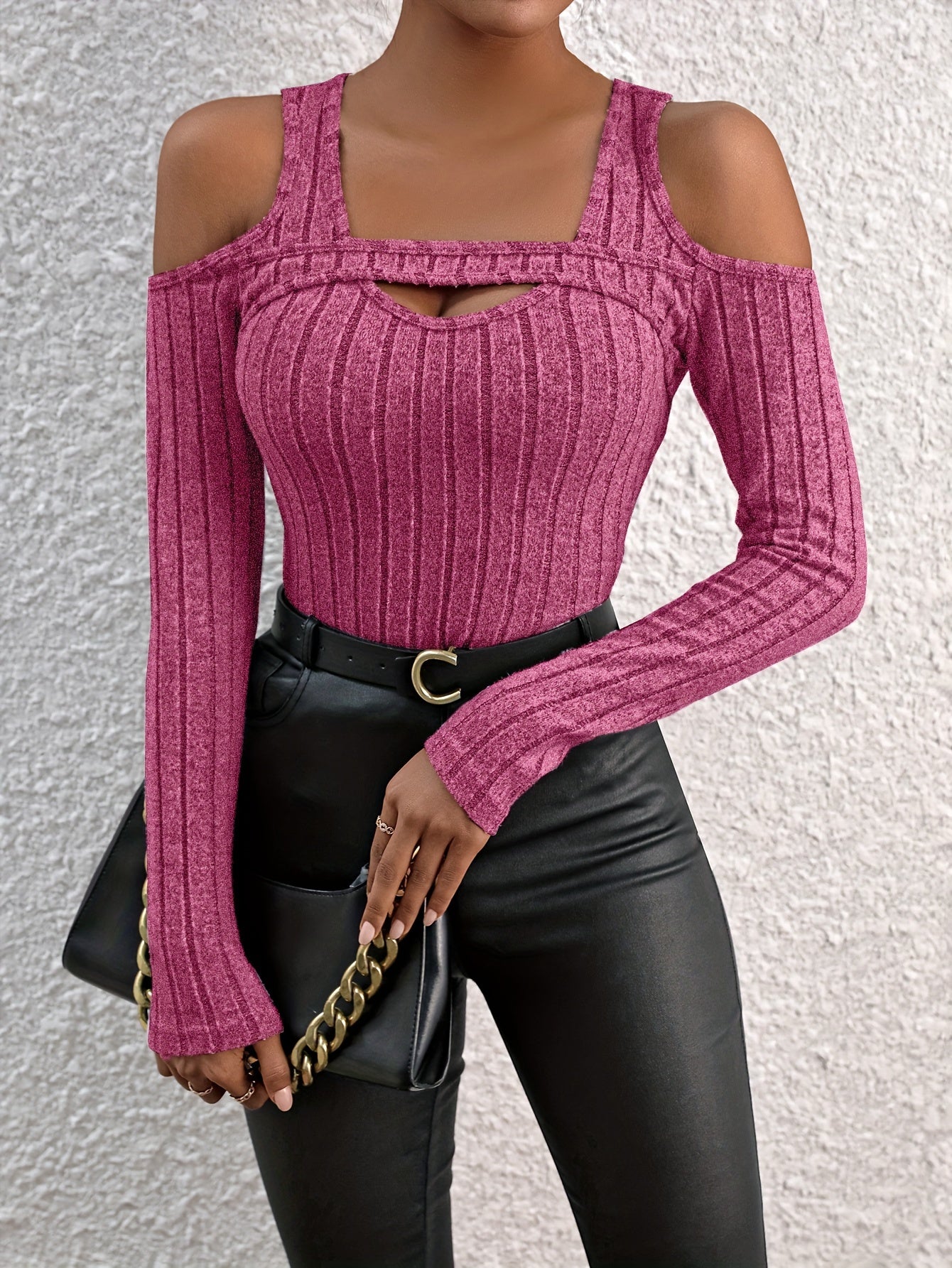 Women'S Elegant Solid Color Crew Neck Tee, Hollow Detail, Knit Fabric, Polyester 96% Elastane 4%, Regular Length, All Seasons - 160g/m²