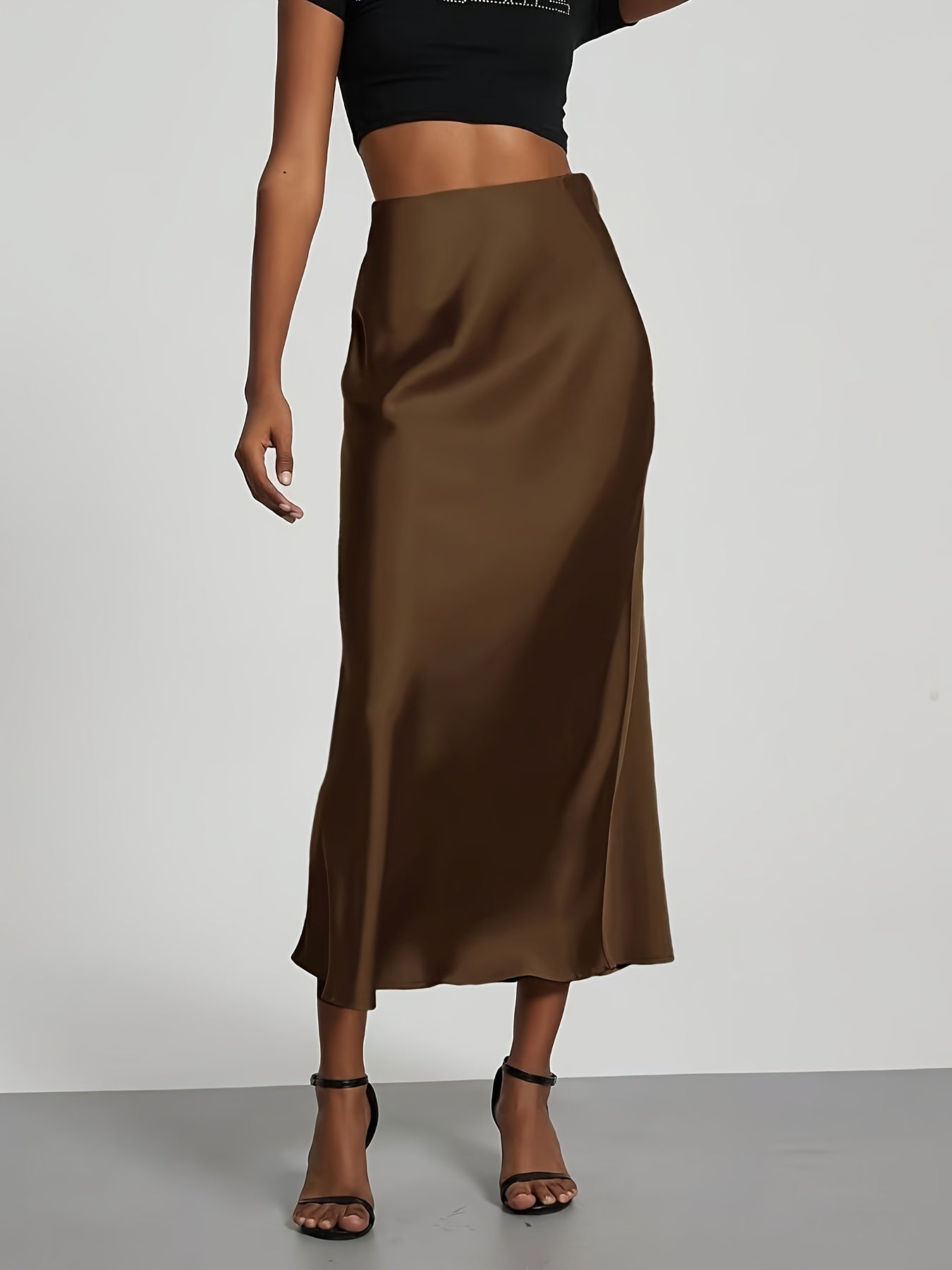 Women's High-Waist Satin Midi Skirt - Elegant Solid Black, Flared Design, Perfect for Dates & Work, All-Season Polyester Skirt, Office Wear Skirt | Flared Skirt Style | Quality Construction