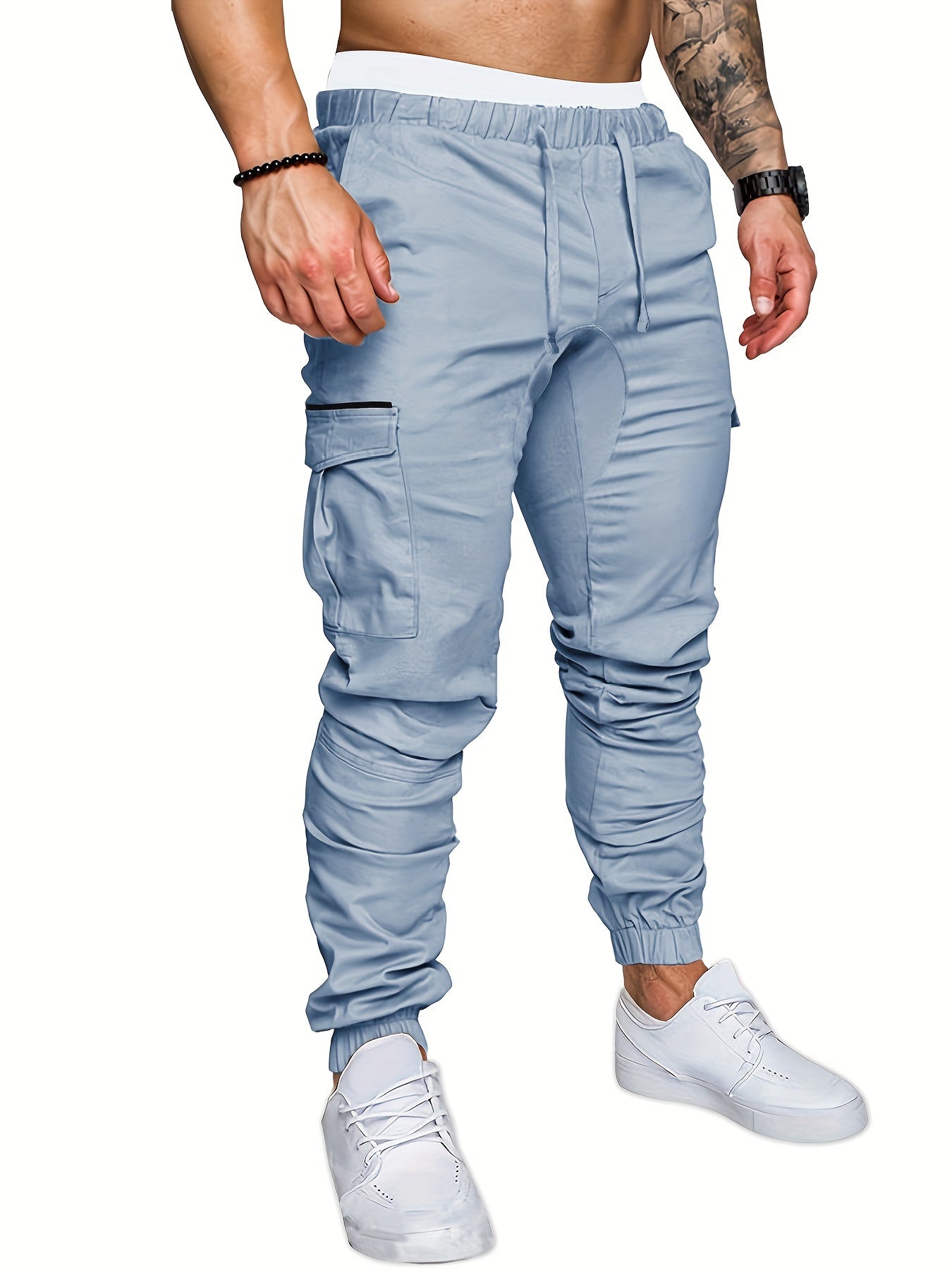 Men'S Casual Cargo Pants, Cotton Blend (95% Cotton, 5% Polyester), Solid Color, Non-Stretch Fabric, Woven, Regular Fit, Drawstring Waist, Belt Closure, Cropped Length, Suitable for Spring/Fall Season