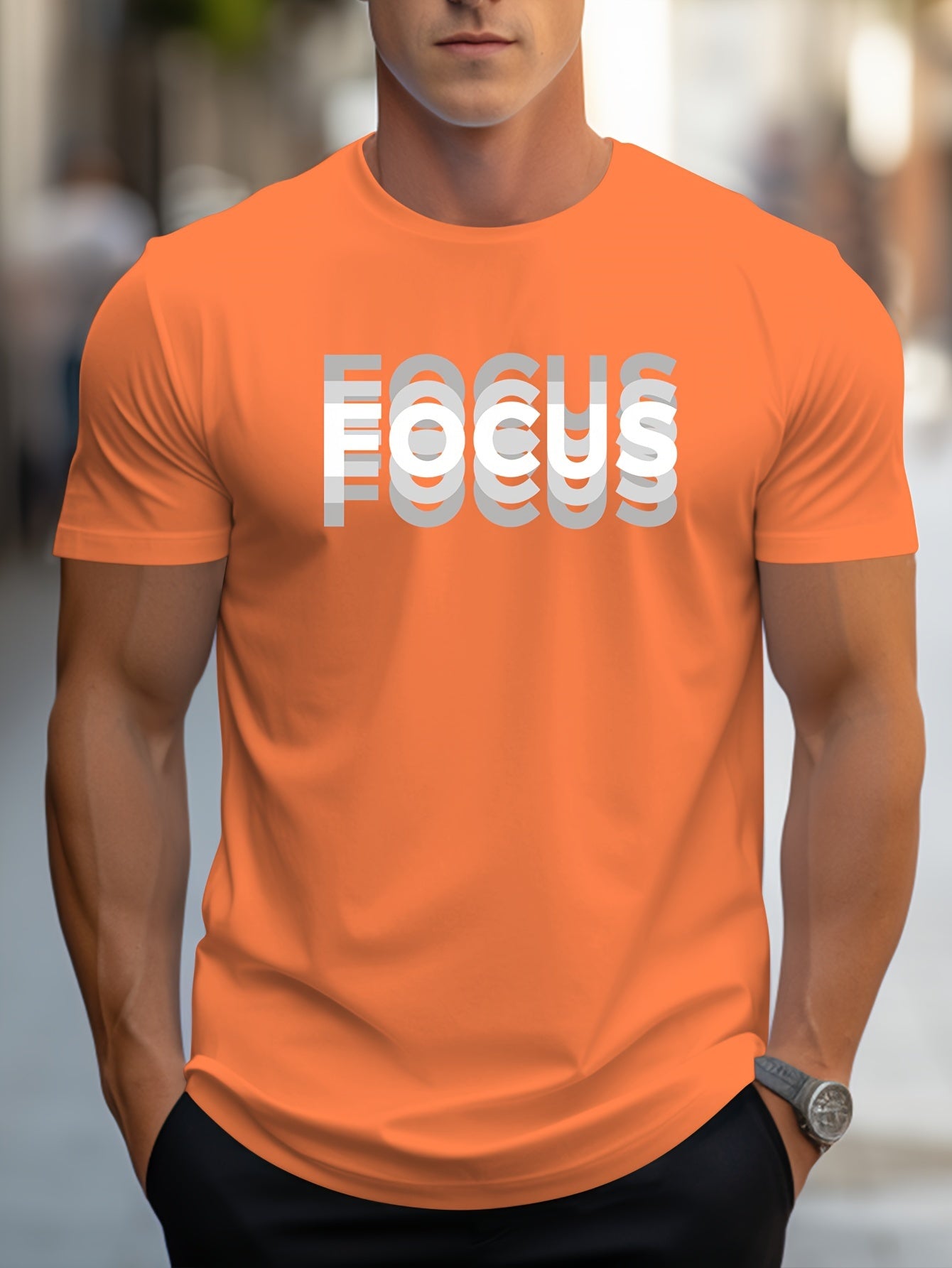 Unisex Trendy Letter Print Crew Neck T-Shirt, A Must-Have for Style Enthusiasts! Gradient FOCUS Design, Ultra Stylish & Streetwear-Inspired! Minimalist yet Versatile!