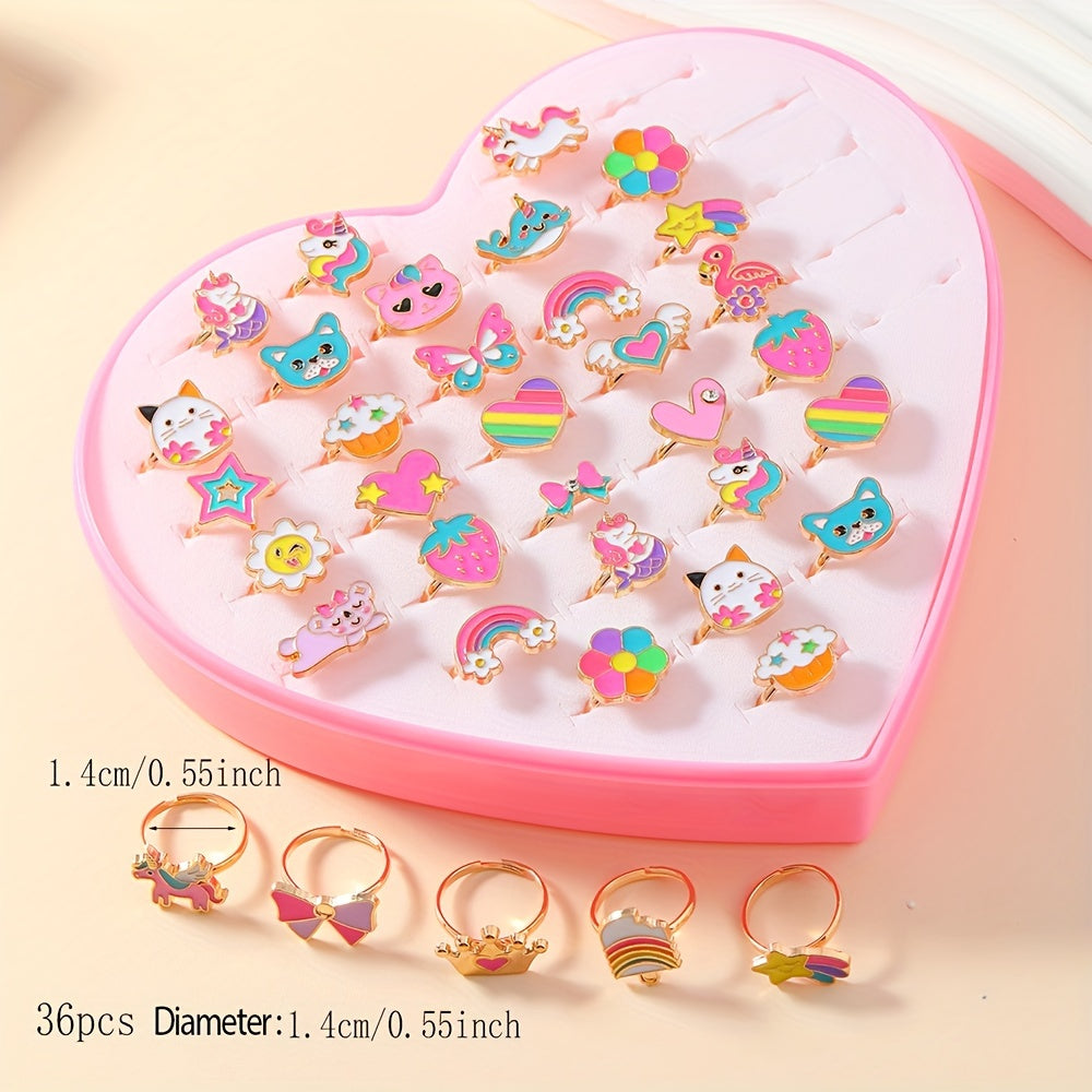A Set Of 36 Girls' Golden Drop Oil Children's Fun Animal Rainbow Crowns Adjustable Rings