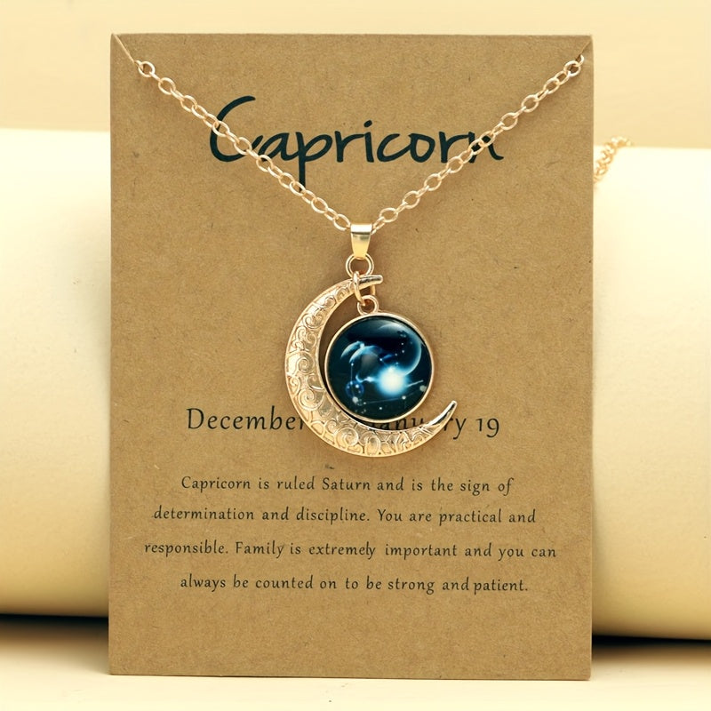1pc Retro Glow-in-the-Dark Zodiac Moon Pendant Necklace - Vintage Style, Zinc Alloy with Glass Accents, Adjustable Chain for Women - Ideal for Daily Wear & Gifting, Zodiac Jewelry, Gift Jewelry, Vintage Jewelry, Durable Jewelry