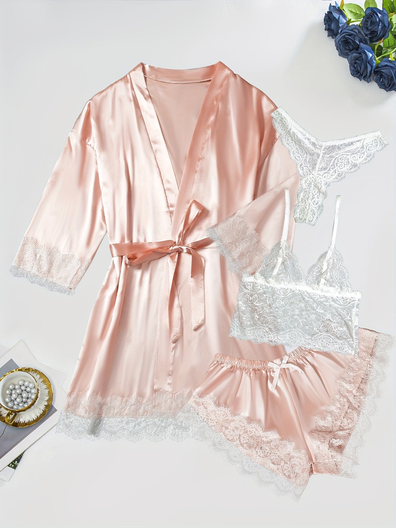 Women'S Fashion Casual Satin Shapewear Pajama Set, Deep V Neck, Solid Color, All-Season, with Contrast Lace Detail, Belted, Adult Size, Elegant Nightwear|Satin Finish|Lace Detailing, Pajamas for Women