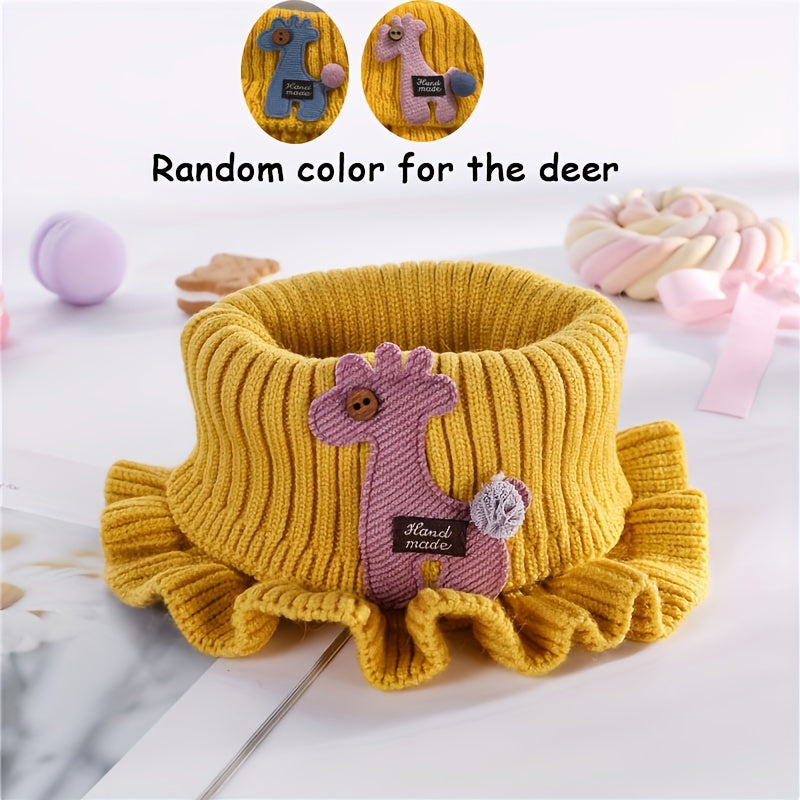 Youngsters' Winter Knitted Bibs - Windproof Warm Ruffled Collar with Cute Cartoon Animal Applique, Soft Multicolor Options for Boys & Girls, Hand Wash/Dry Clean, Mealtime Apparel
