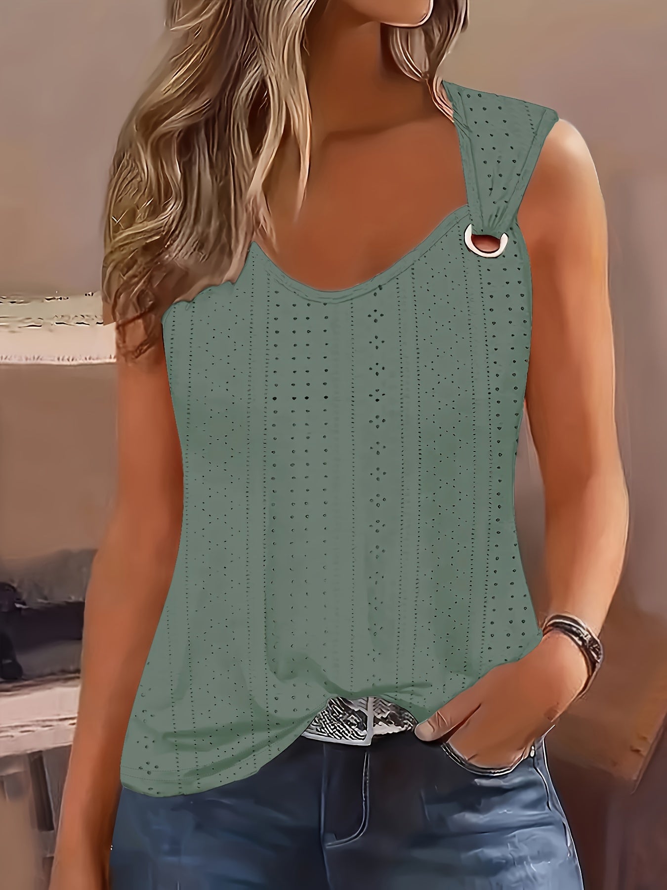 Eyelet Solid Tank Top, Casual Sleeveless Tank Top For Summer, Women's Clothing