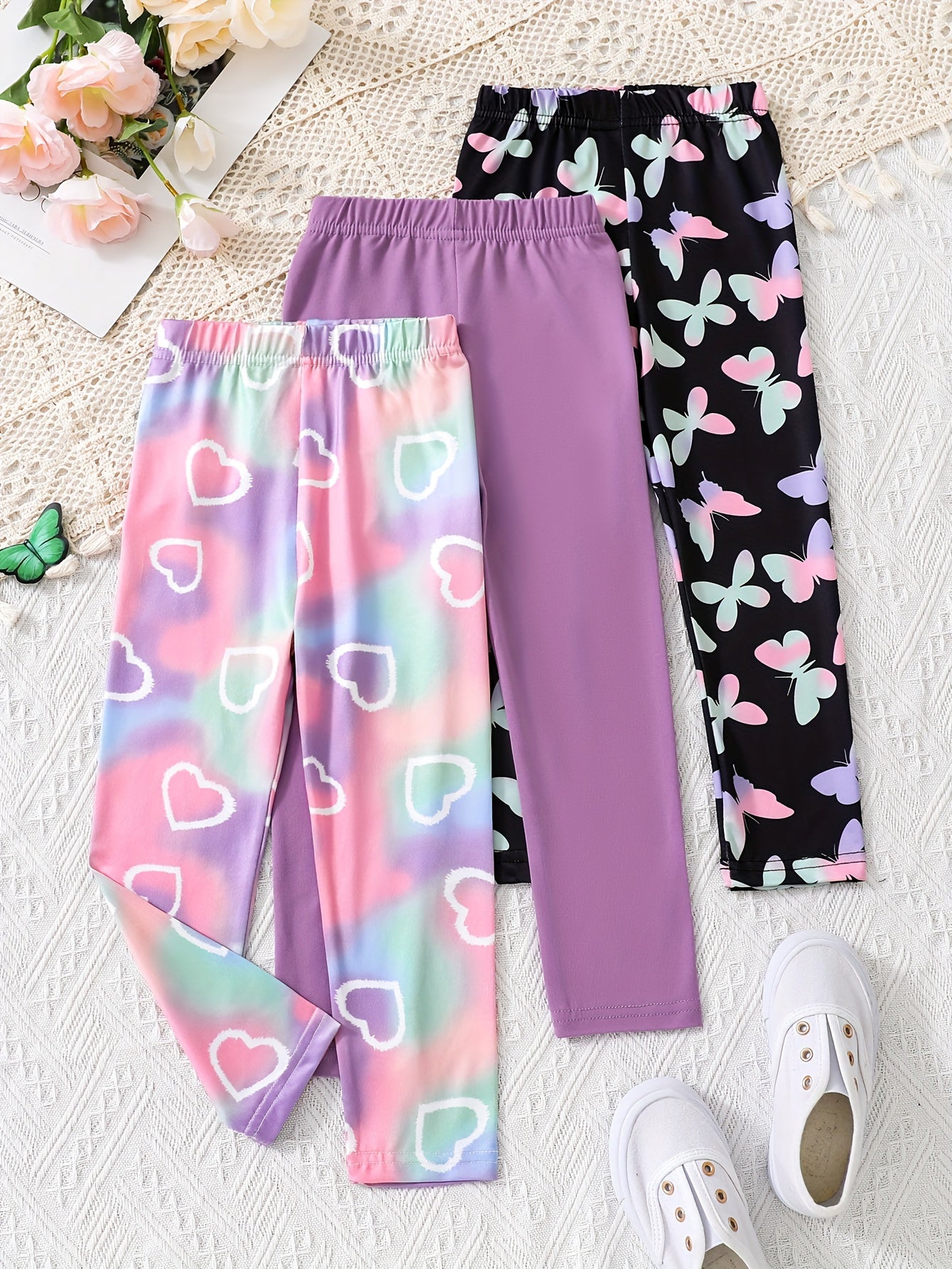 3pcs Girls' Soft & Stretchy Slim-Fit Yoga Pants - Vibrant Tie-Dye, Purple & Black Butterfly Patterns, Solid Lavender - Elastic Waistband, Comfy Activewear Leggings for Youngsters, Perfect for Spring & Fall, Youngsters Activewear | Elastic Waistband Pants