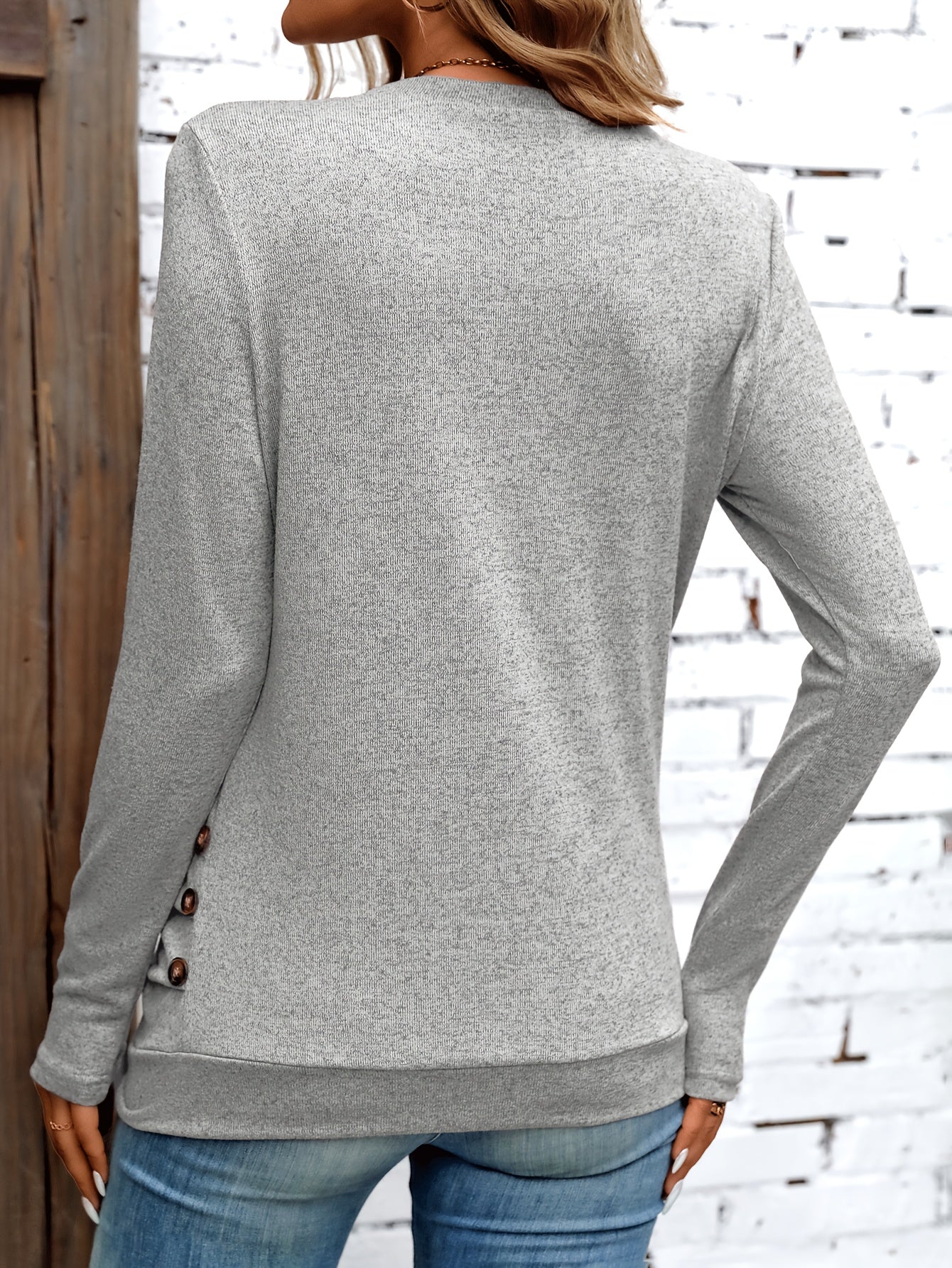 Women's Elegant Long Sleeve Top - Soft Round Neck Button-Up Blouse, Machine Washable Solid Color Shirt for Spring & Fall, Versatile Casual to Formal Wear, Transitional Season Clothing, Sophisticated Pullover, Durable Knitwear