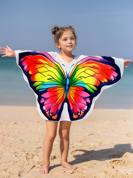 Young Girl Cute Pink Butterfly Shaped Mesh Cover-Up Comfortable And Breathable, for Summer Holidays