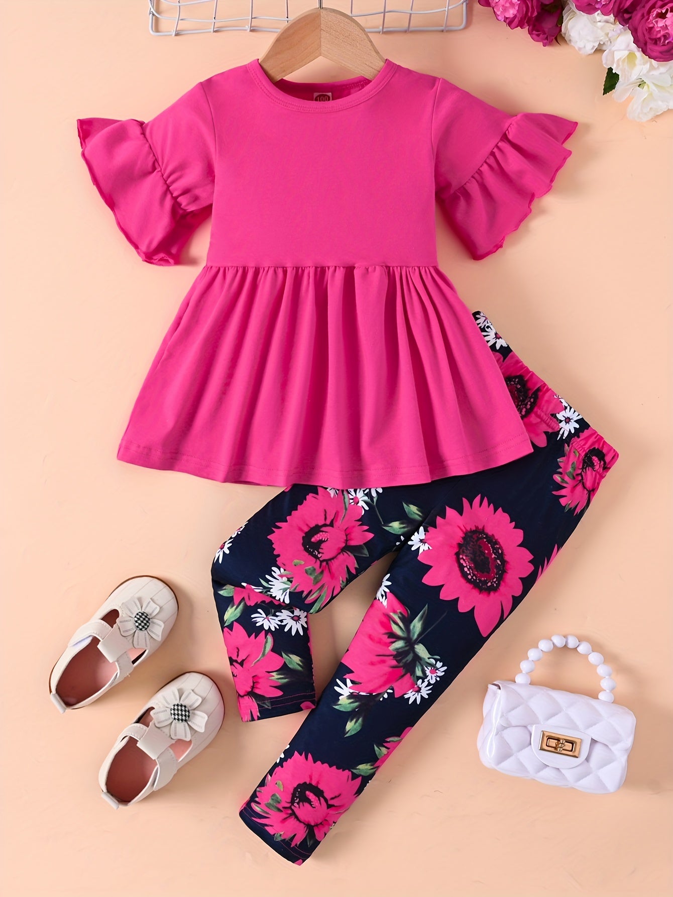 Girls' Floral Print Flared Sleeve Dress with Ruffled Hem & Elastic Waistband - Light Purple & Black Sunflower Design, Long Pants for Spring/Fall Casual Wear, Spring Fall Clothing, Comfortable Fit, for Outdoor