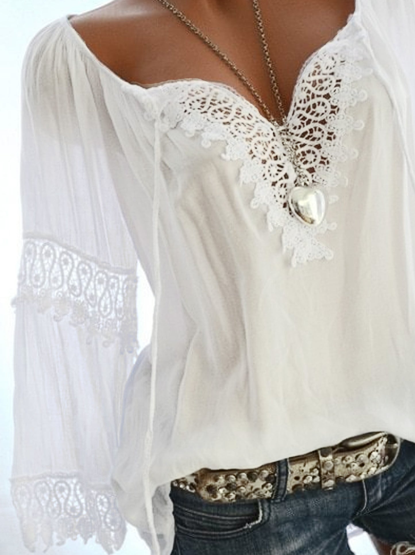 Plus Size - Women'S Plus Size V-Neck Blouse with Contrast Lace Detail - Solid Color, Long Sleeve, Casual Spring/Summer Top, Vacation Style, Casual Summer Top|Vneck Blouse|Lace Detailing