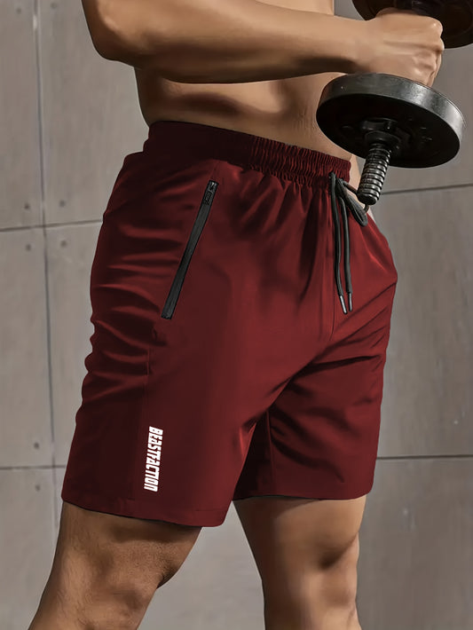 A Pair of Men'S Casual And Minimalist Style Comfortable Shorts, Featuring Letter Print Pockets And Drawstrings, Suitable for Summer Outdoor Fitness Wear, Quick-Drying Comfortable Shorts with Slightly Stretchy Elastic Waistband And Drawstring, Ideal for Gy
