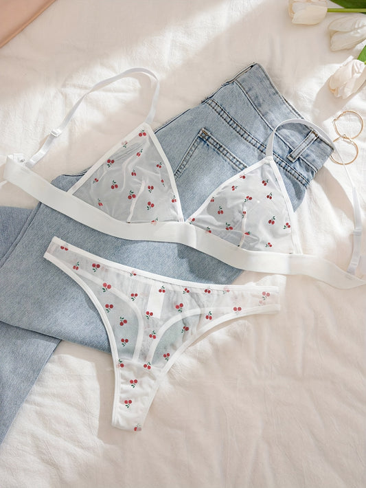 2pcs Sheer Mesh Bikini Set with Floral Heart Print & Sheer Triangle Top - Women's Beachwear, Breathable Comfort Fit Matching Bottoms, Machine Washable Lingerie for Pool & Summer Outfits