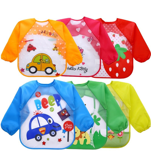 PEVA Baby Bibs with Long Sleeves - High Quality, Easy-Clean, No-Wash Needed, Soft & Durable Infant feeding, Mealtime, Travel - for Babies, Toddlers, Kids - Red with Fun Designs (Cars, Animals, Letters) - Parent-Friendly Bibs for Everyday & Special Occasio