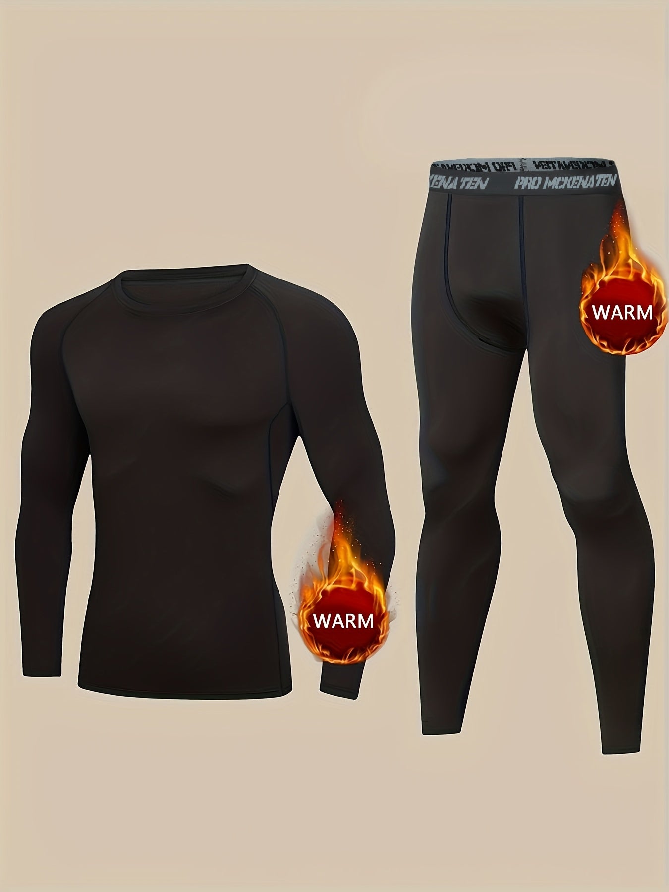 [Adventure] Men'S Elite Fleece-Lined Activewear Set - Long Sleeve, Stretchy, Crew Neck, Solid Black, Warm, and Comfortable for Fall/Winter Outdoor Activities, Winter Apparel | Crew Neck Top | High Elasticity Fabri