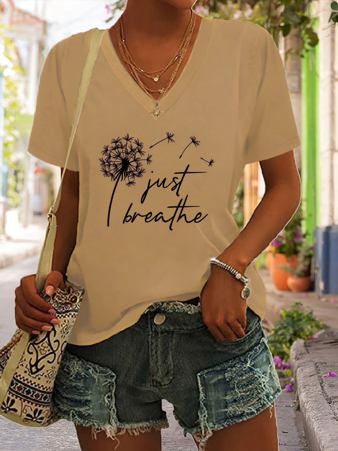 Dandelion Print T-Shirt, V Neck Short Sleeve Summer Casual Top, Women's Clothing