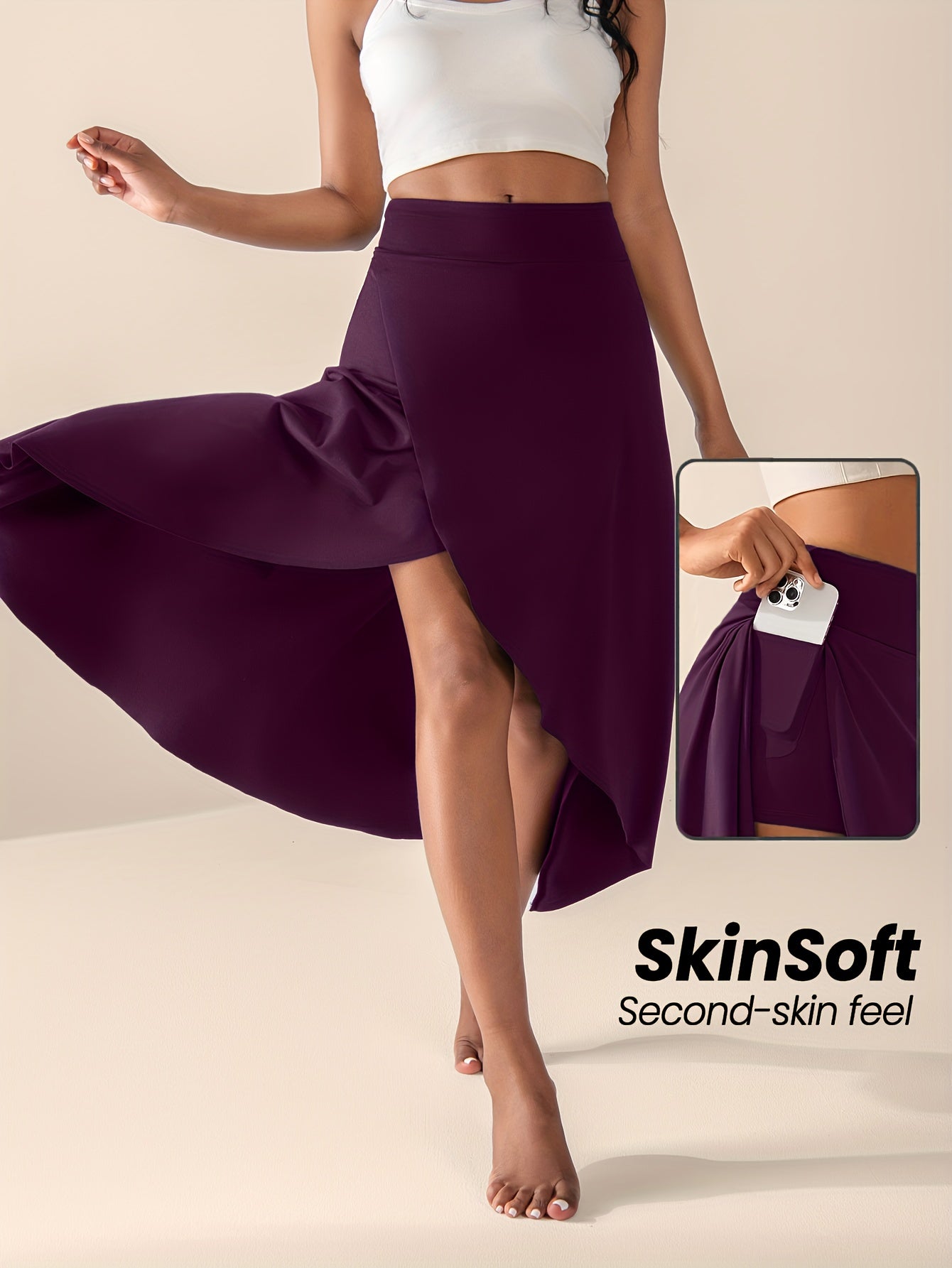 Women's High-Waisted Split Skort with Pockets, Solid Color Casual Sports Skirt, Breathable & Flexible for Active Wear