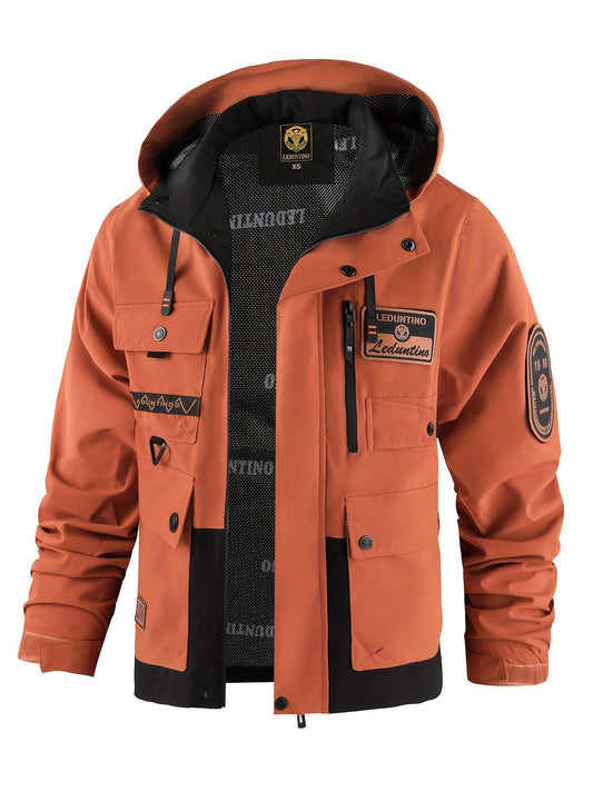 Men's Spring Autumn New Hooded Thin Jacket Men's Outdoor Warm Storm Jacket Men's Casual Multi-Pocket Cargo Jacket Men's Hat Detachable Zipper Jacket Men's Color Insertion Jacket