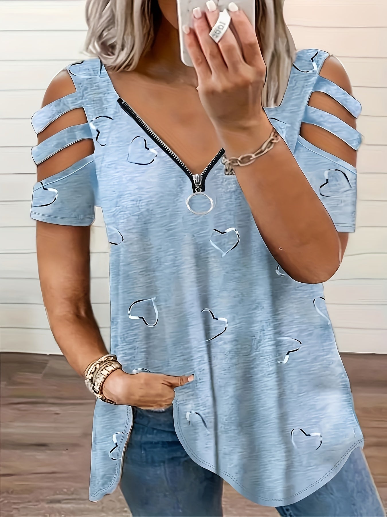 2021 European And American Cross-Border Wish Foreign Trade Women'S Clothing V-Neck Zipper Printed Short-Sleeve Loose Casual T-Shirt for Women