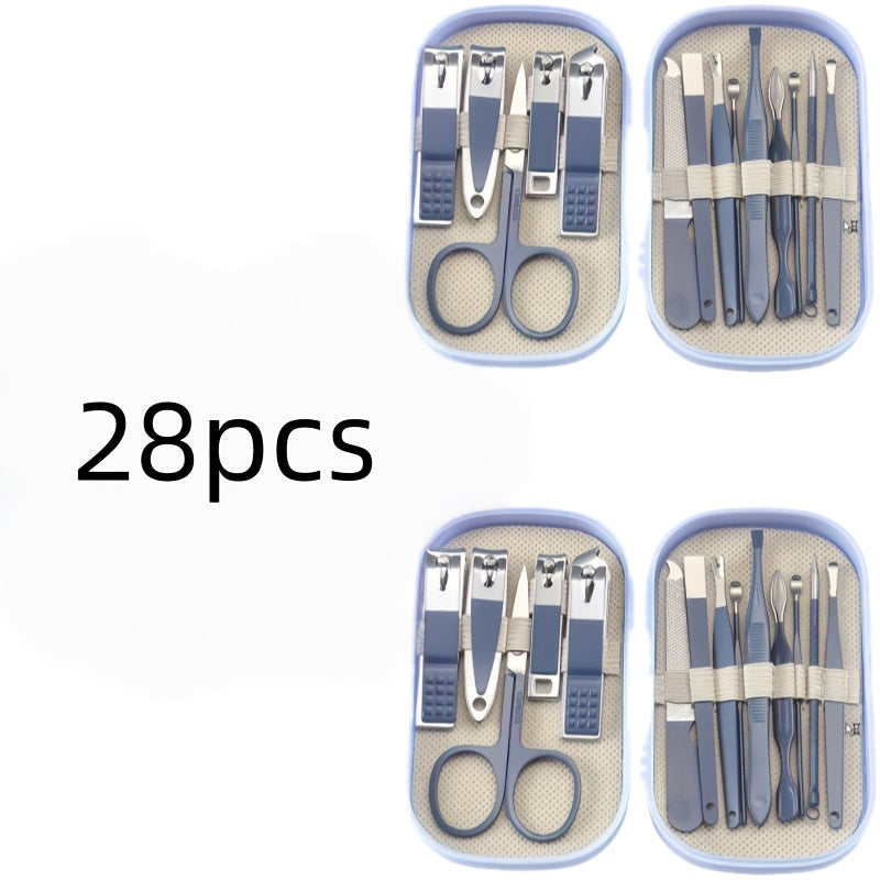 14pcs/28pcs Stainless Steel Manicure And Pedicure Tool Set, Featuring Modern-Style Curved Nail Clippers And Grooming Tools, Including a Portable Storage Case - a Fragrance-Free Nail Care Kit Suitable for Both Men And Women.