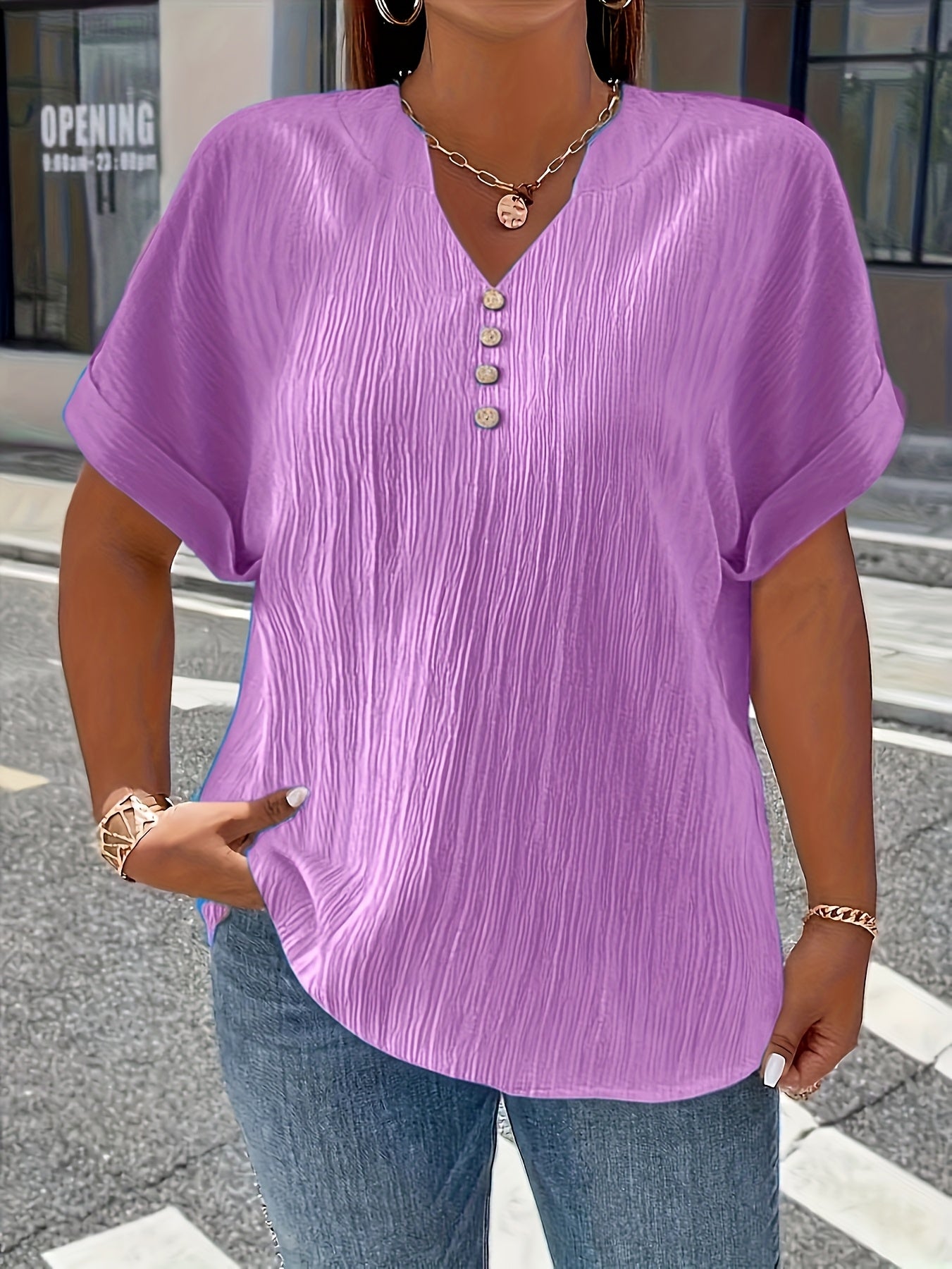Plus Size, Women's Plus Size New European and American Spring/Summer Short Sleeve Button Solid Color Elegant Casual T-Shirt