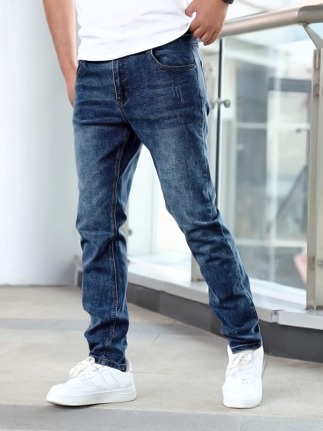 Men'S Slim-Fit Stretch Denim Jeans - Light Blue, Casual Style, All-Season Comfort, Regular Fit, Solid Color, Washed Finish, Perfect for Teens, Teenage Fashion|Casual Style Jeans|Woven Denim