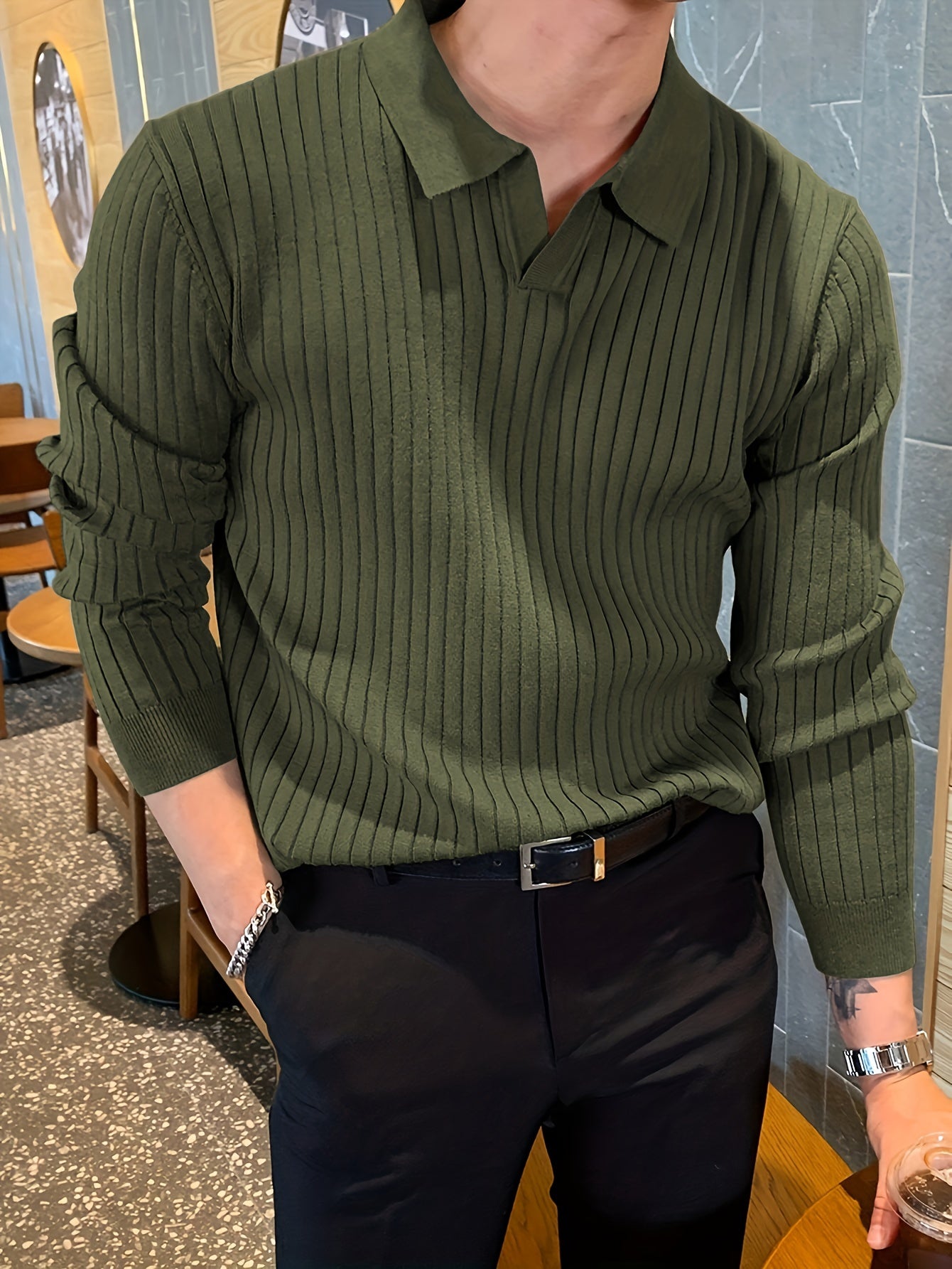 Men's Casual Solid Color Collar Knit Shirt - Stretch V-Neck Long Sleeve Pullover Sweater for Autumn Winter, Regular Fit, Fall Sweaters, Medium Elasticity, Seasonal Fashion, Stylish Knitwear, Breathable Material, Casual Attire