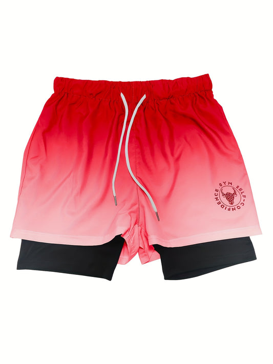 Men's Gradient Athletic Shorts - Summer Outdoor Sports, Adjustable Drawstring Waist, Breathable Mesh Lining, Black to Gray with "NO Fear NO Limits" Design, Comfortable for Active Wear