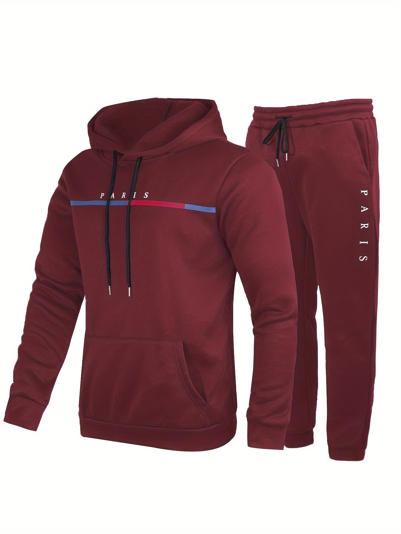 Men'S Casual "Paris" Print Hoodie & Sweatpants Set - Brown Polyester, All-Season Comfort, Drawstring Hoodie with "Paris" Graphic, Regular Fit Pants, Casual Wear|Graphic Hoodie|Comfortable Fit