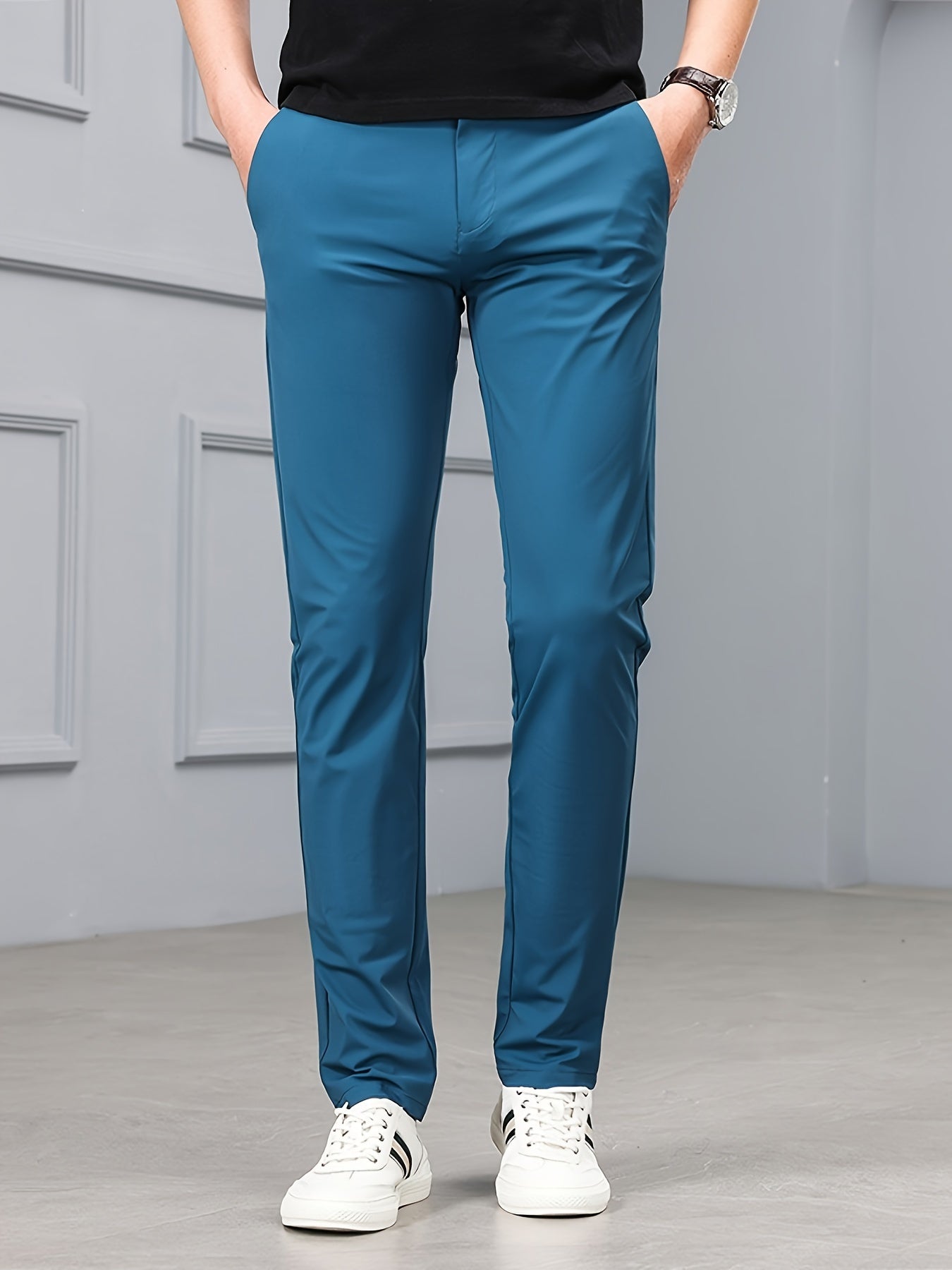 Men'S Slim-Fit Stretch Casual Pants - Mid-Rise Elastic Waistband, Solid Black, Zipper Fly & Pockets, Lightweight Summer Trousers for Casual Outings, Comfortable Leisurewear, Minimalist Design, Smooth Texture Fabric, Highelastic Material, Relaxed Fit, Mode