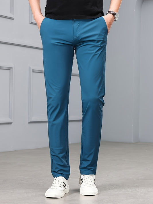 Men'S Slim-Fit Stretch Casual Pants - Mid-Rise Elastic Waistband, Solid Black, Zipper Fly & Pockets, Lightweight Summer Trousers for Casual Outings, Comfortable Leisurewear, Minimalist Design, Smooth Texture Fabric, Highelastic Material, Relaxed Fit, Mode