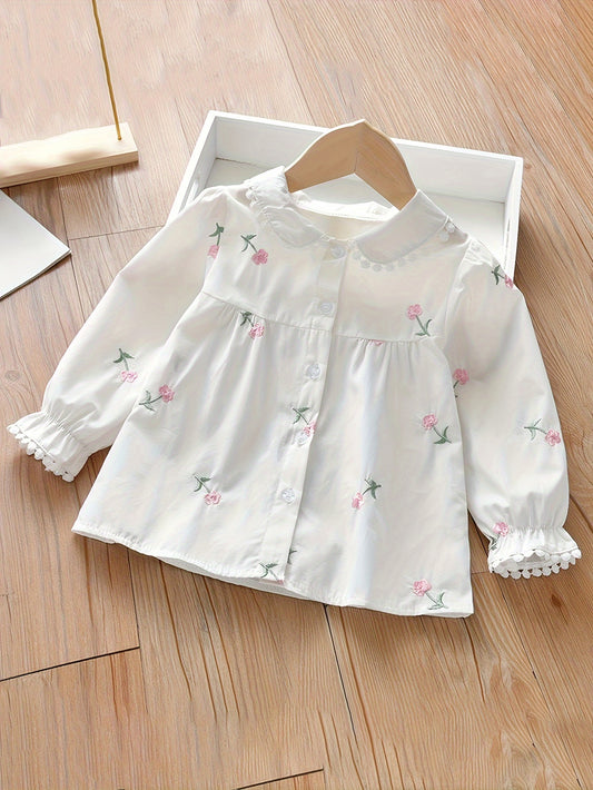 Charming Embroidered Floral Long-Sleeve Shirt for Girls, Perfect for Spring/Fall, Floral Print Blouse, Youngsters's Casual,, Versatile