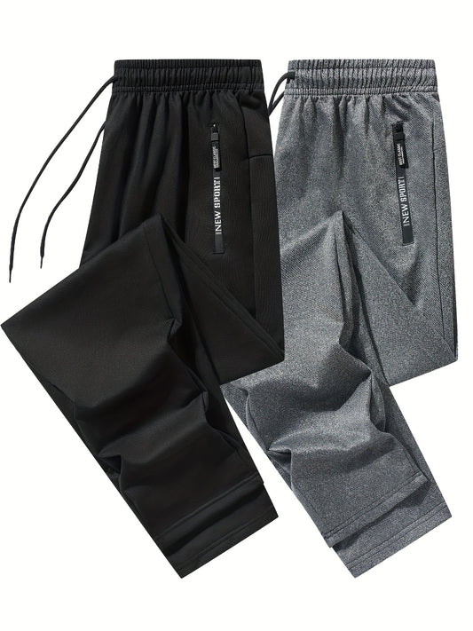 Men's 2-pack Set Of Solid Regular Fit And Cuffed Sweatpants with Letter Print Zippered Pockets And Drawstring, Athletic Joggers for All Seasons Fitness And Gym Wear