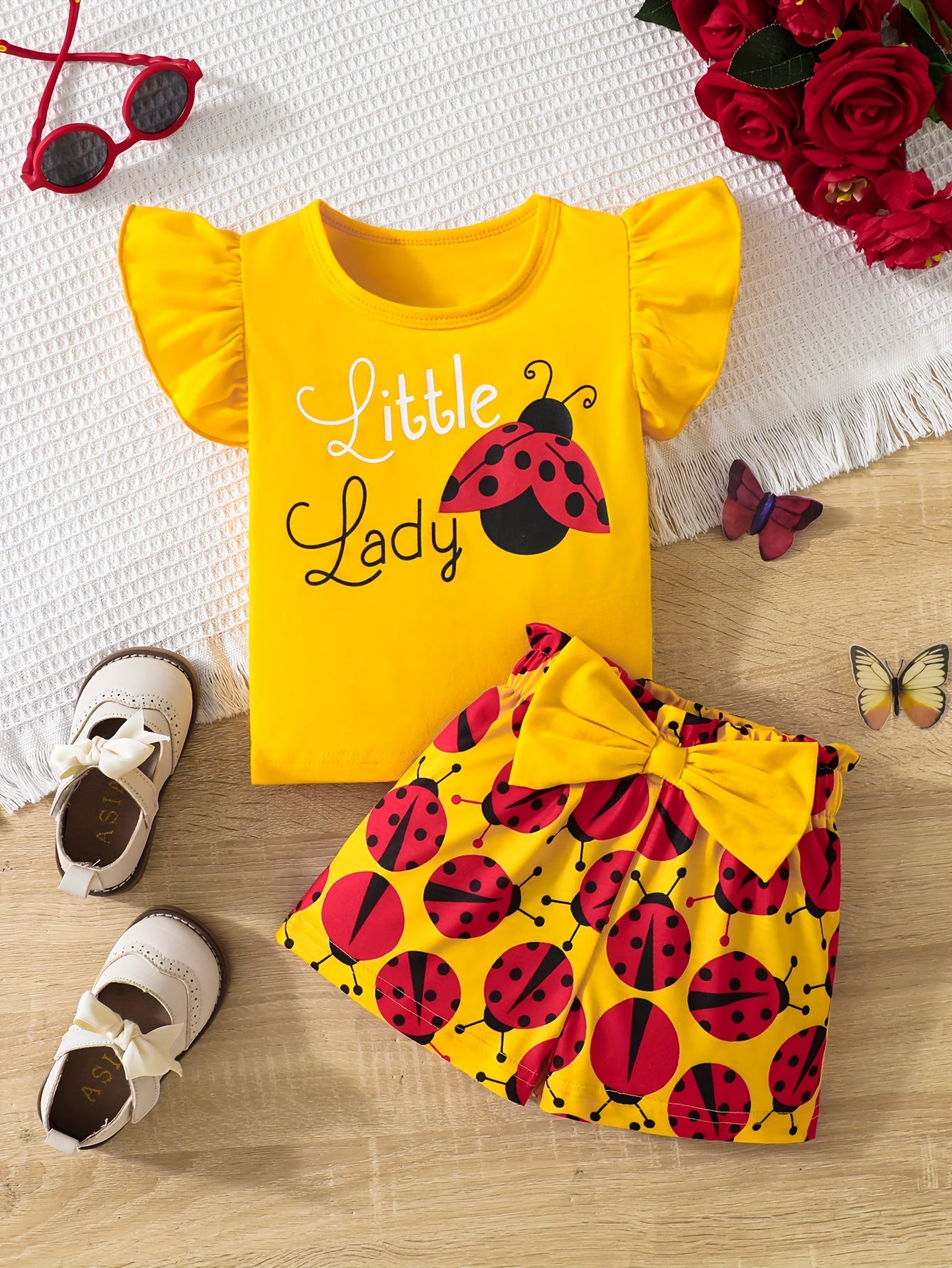 Baby Girl's Ruffle Trim Sleeve Cute Graphic T-shirt & Bowknot Ladybug Pattern Shorts Outdoor Set, Casual Summer Outfit