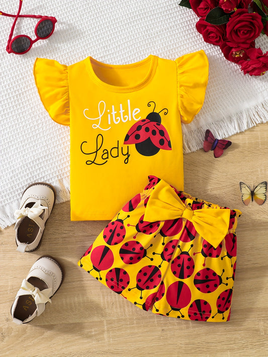 Baby Girl's Ruffle Trim Sleeve Cute Graphic T-shirt & Bowknot Ladybug Pattern Shorts Outdoor Set, Casual Summer Outfit