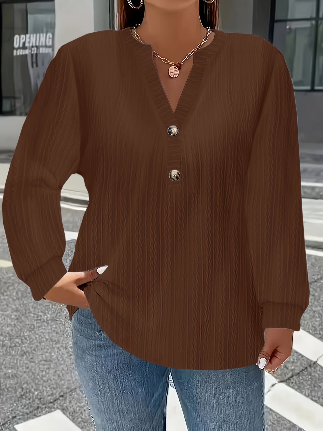European And American Cross-Border Long-Sleeve Solid Color V-Neck Button T-Shirt Top