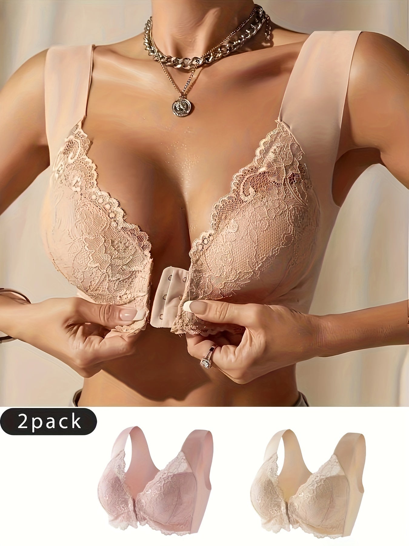 Women's Front Closure Bra Fashion Lace Underwear Two-Pack