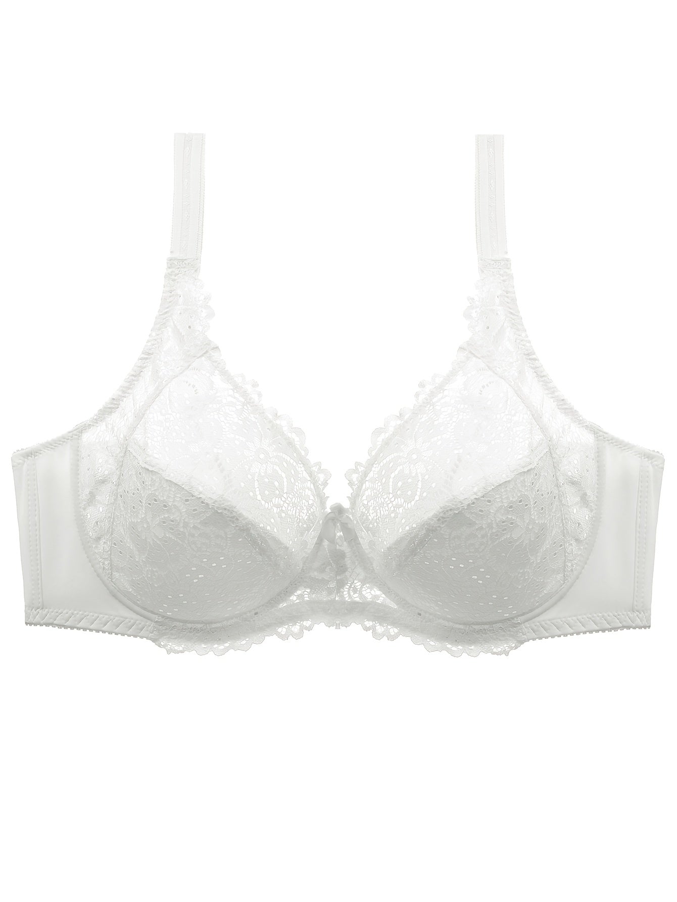 Plus Size Sexy Bra, Women's Plus Solid Contrast Lace Floral Trim Medium Stretch Comfort Bra