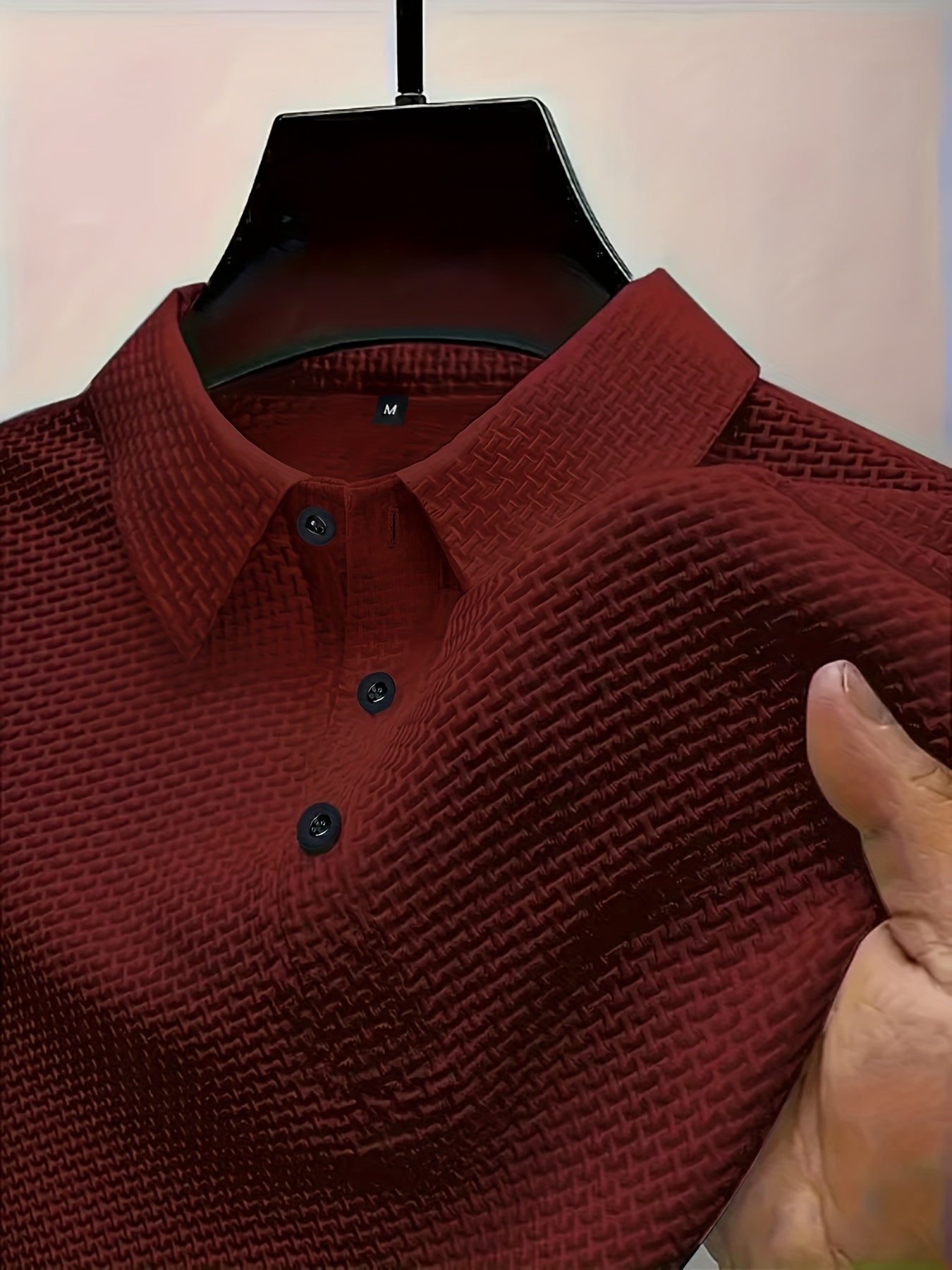 Men's Slim-Fit Ice Fiber Fabric Shirt - Breathable Short Sleeve Solid Burgundy with Black Collar & Cuff Trim, Wrinkle- & Quick- for Golf, Gym, Swimming, Beach - Formal & Casual Dress Shirt - Machine Washable &  Cleanable, Semi, Button-Up Design, Suitable