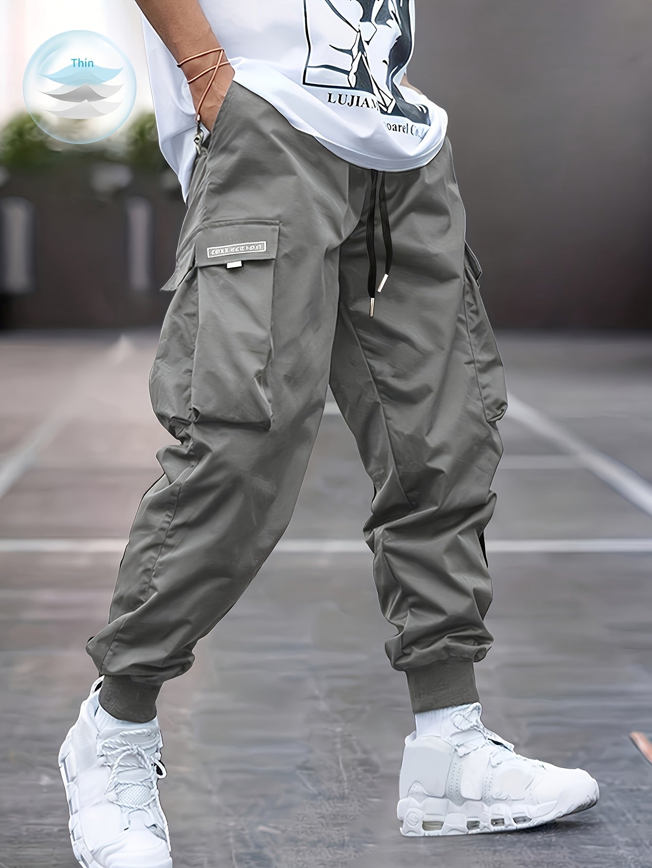 Lightweight Design| Men's Olive Green Cargo Pants - Lightweight Polyester, Casual Style with Multiple Pockets and Drawstring Waist, Perfect for Spring/Fall, Spring Fall Attire|Drawstring Waistband|Smooth Texture Fabric