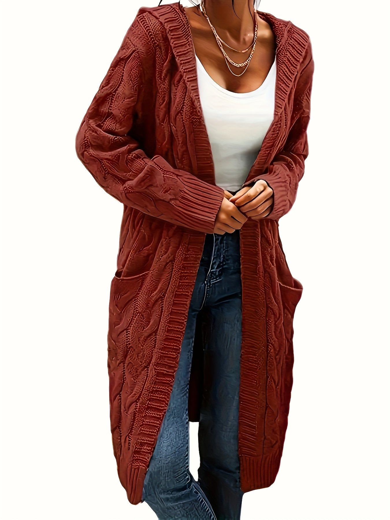 Women's Mid-Length Hooded Cardigan - Soft Stretchy Solid Color Long Sleeve Open Front Sweater with Pockets, Machine Washable Casual Elegance for Fall Winter, Everyday Comfort Wear, Stylish Hooded Design, Comfortable Fit