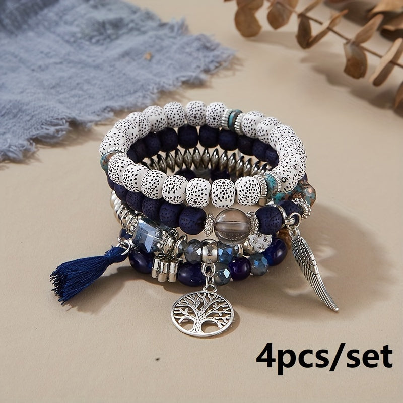 4pcs Bohemian Tree of Life & Feather Wing Pendant Bracelets - Handmade Acrylic Couples' Bangle with Tassels, Boho Style Jewelry for Men & Women, Romantic Gift Idea, Bohemian Jewelry, Handcrafted Bracelets